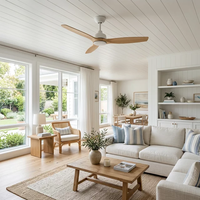 Ceiling fan in a bright living room