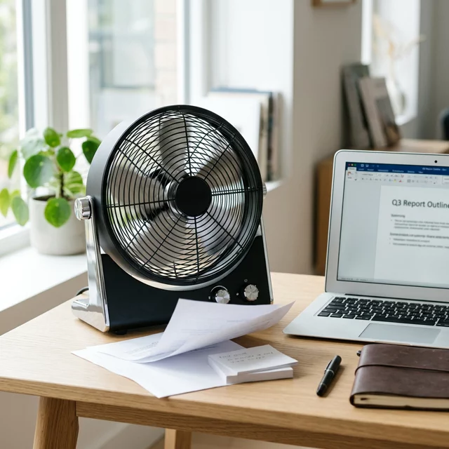 Desk fan on a clean work desk in use