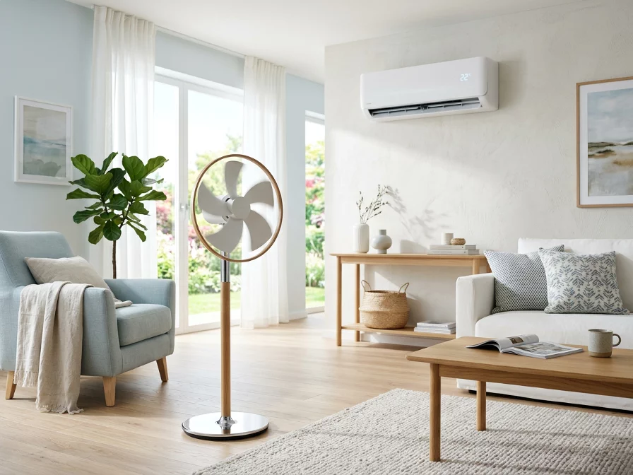 Bright modern room showing a cooling fan and a wall mounted air conditioner