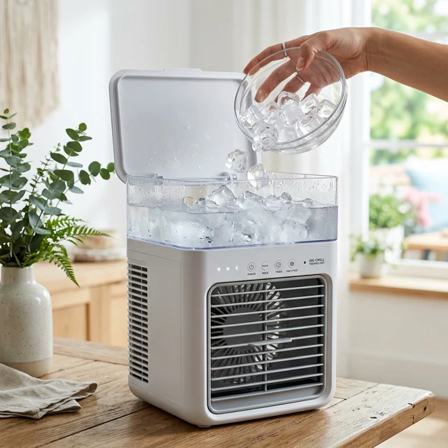 Portable fan with ice box cooling in a bright indoor setting