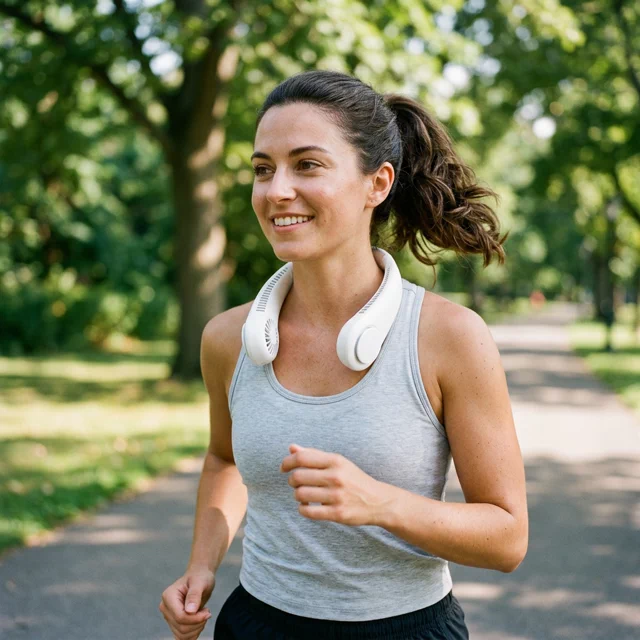 Neck fan being worn outdoors in summer by a woman jogging