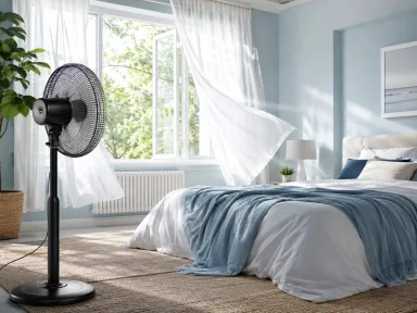 Sunlit modern bedroom with open windows, flowing white curtains, and a sleek black standing fan creating a cool, refreshing breeze on a hot summer day.