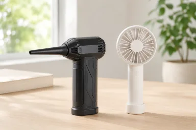 Electric air duster beside portable handheld fan