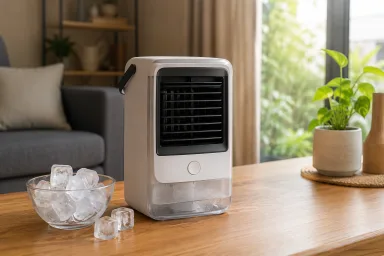 Fan with ice box and ice cubes
