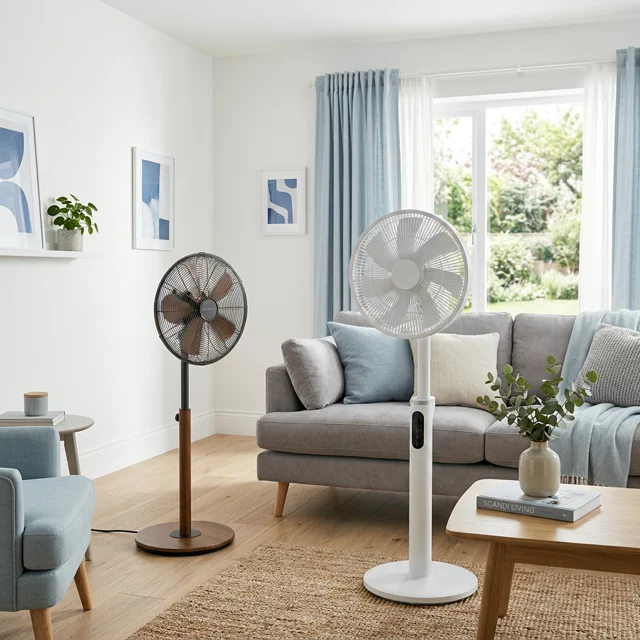 Pedestal fans in a bright modern room, a brown classical pedestal fan and a modern white smart control pedestal fan