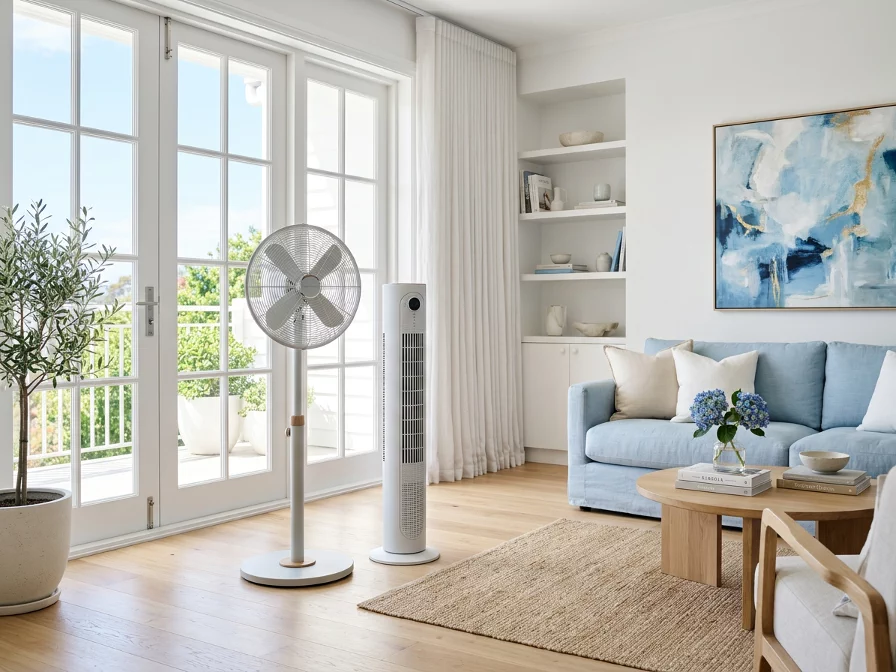 Bright modern living room with a stylish cooling fan in a white and light blue interior