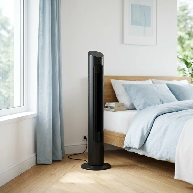 Tower fan in a clean bedroom or living room