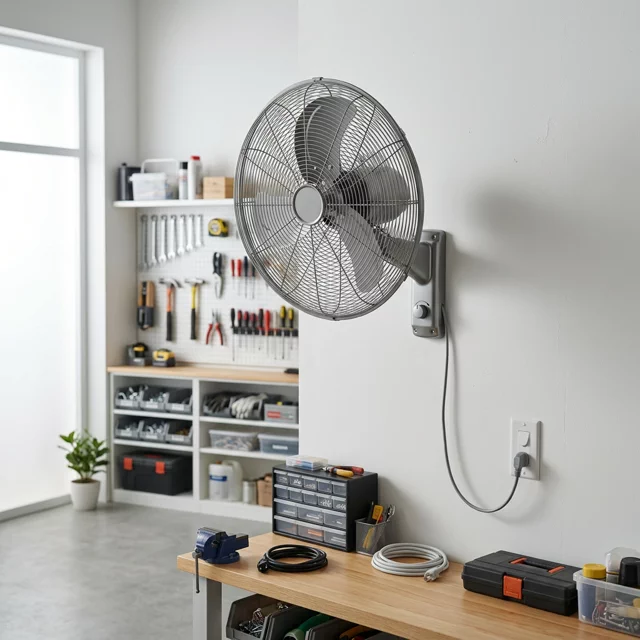 Wall mounted fan installed in a clean garage or utility space